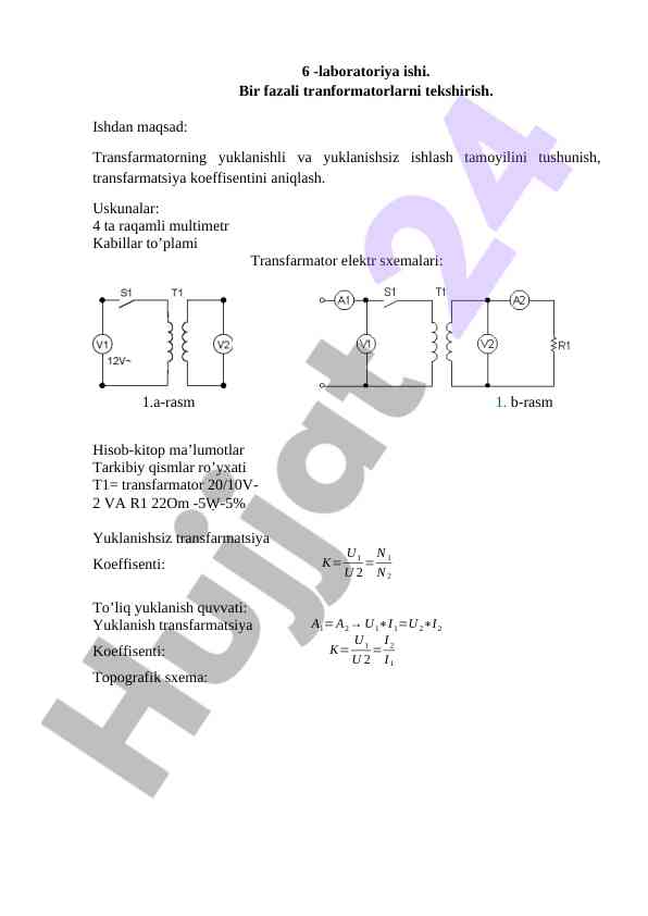 Bir fazali transformatorlarni tekshirish laboratoriya ishlari
