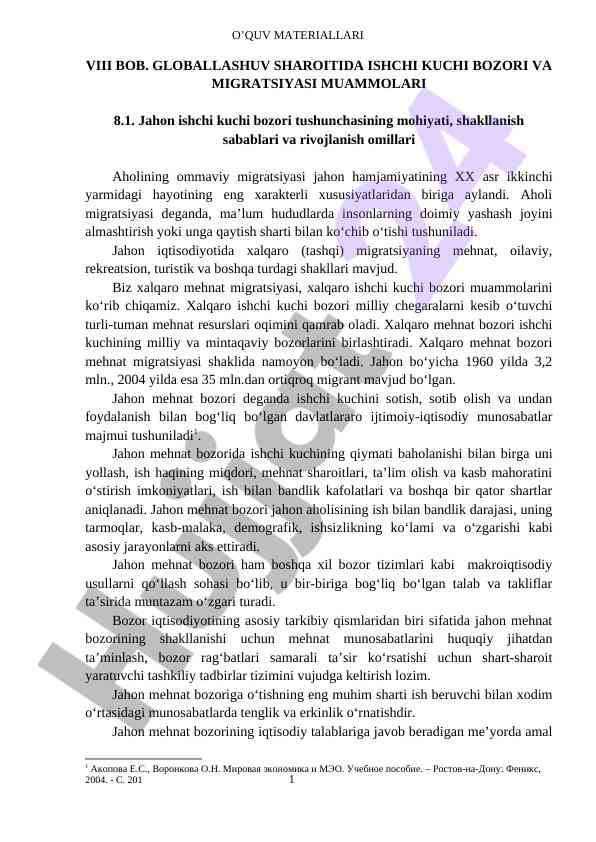 Globallashuv sharoitida ishchi kuch bozori va migratsiyasi
