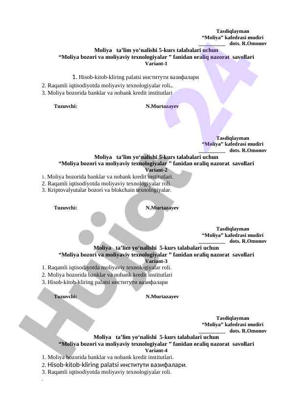 Moliya bozori va moliyaviy texnologiyalar savollari