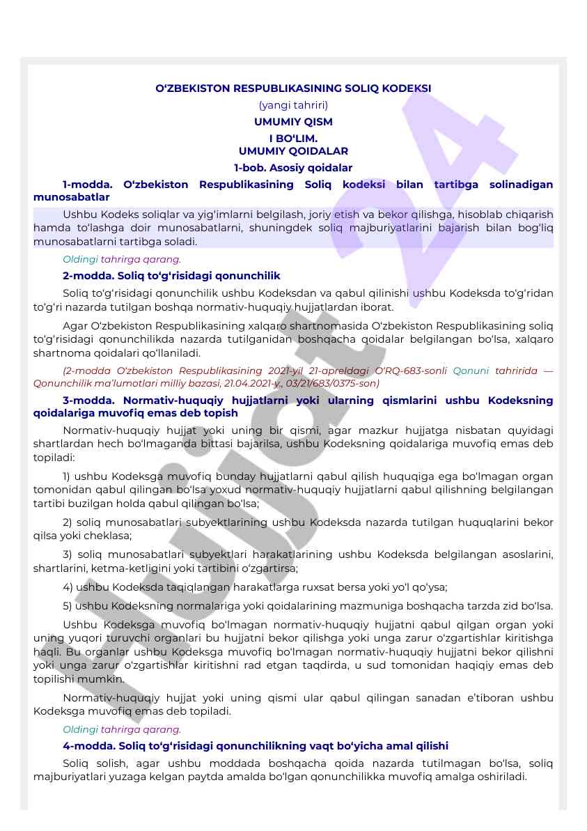 O‘zbekiston respublikasi soliq kodeksi umumiy qismi