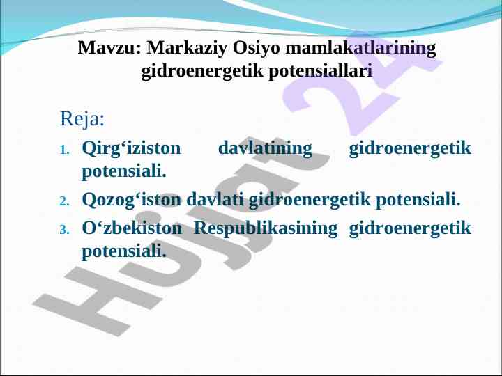 Markaziy osiyo gidroenergetik potensiallari tahlili