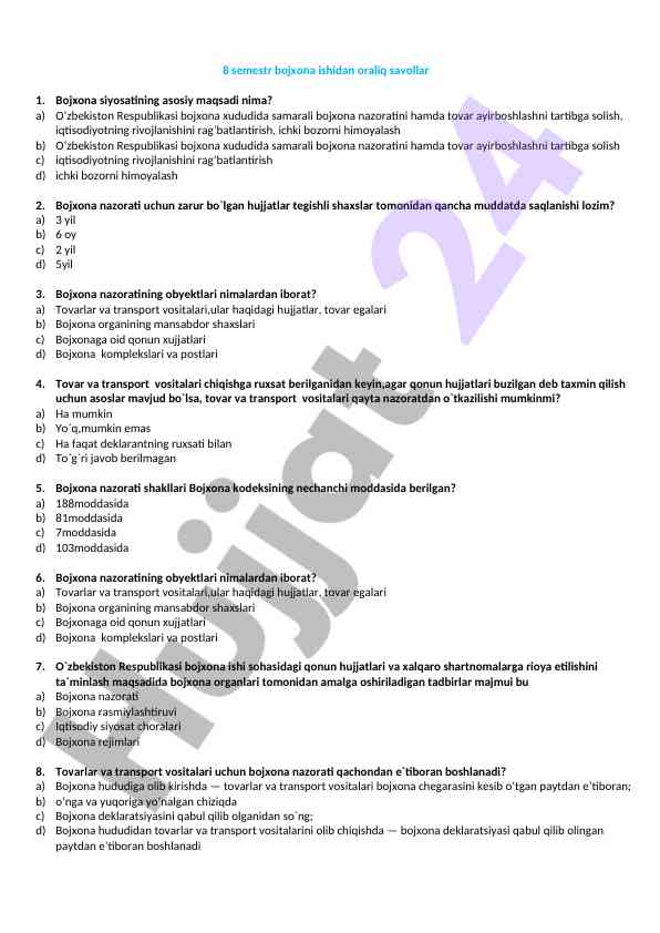 Bojxona ishidan oraliq savollar bo‘yicha testlar