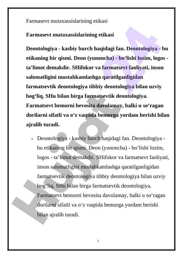 Farmasevt mutaxassislarining etikasi va deontologiya