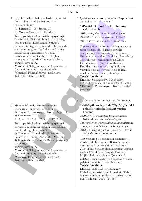 Tarix fanidan namunaviy test topshiriqlari