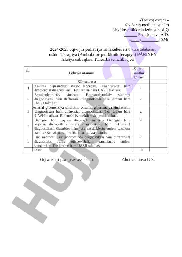 Terapiya lekciya sabaqlari kalendar tematik rejesi