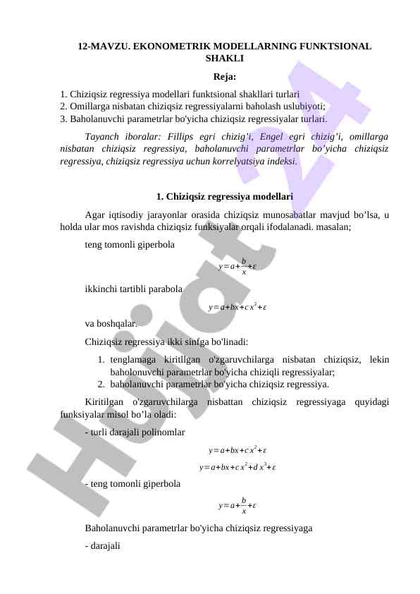 Ekonometrik Modellarning Funksional Shakli