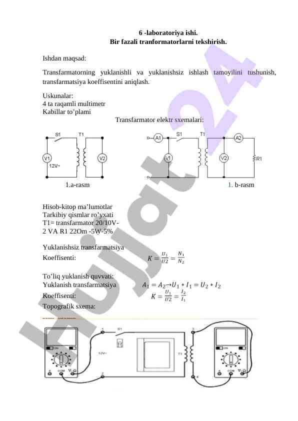 Bir fazali transformatorlarni tekshirish laboratoriya ishi