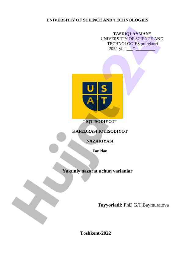 Iqtisodiyot nazariyasi fanidan yakuniy nazorat variyantlari