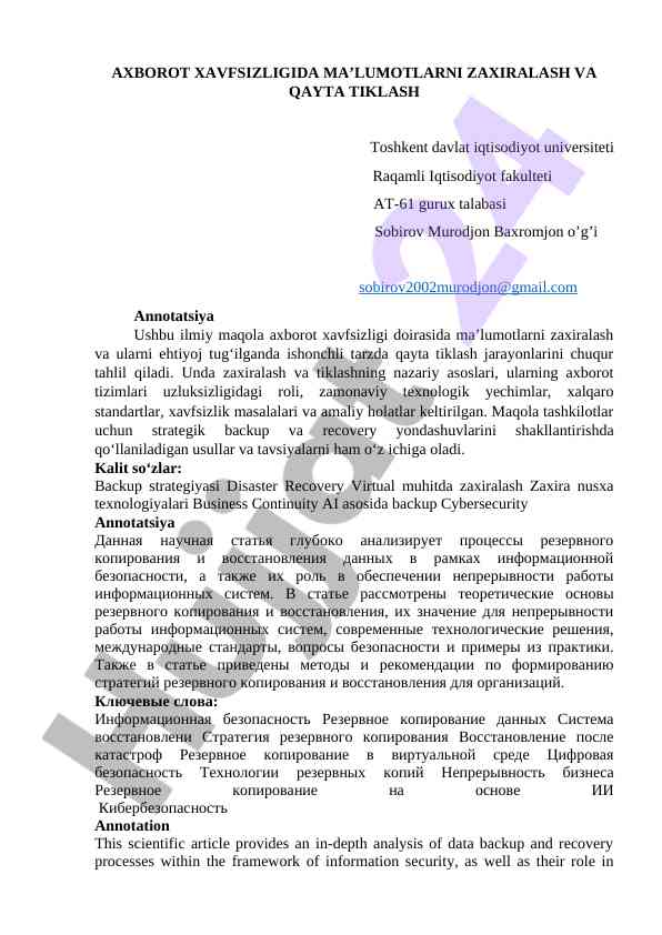 Axborot xavfsizligida ma’lumotlarni zaxiralash va qayta tiklash