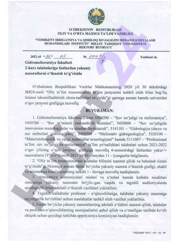 Gidromelioratsiya fakulteti talabalari uchun nazorat