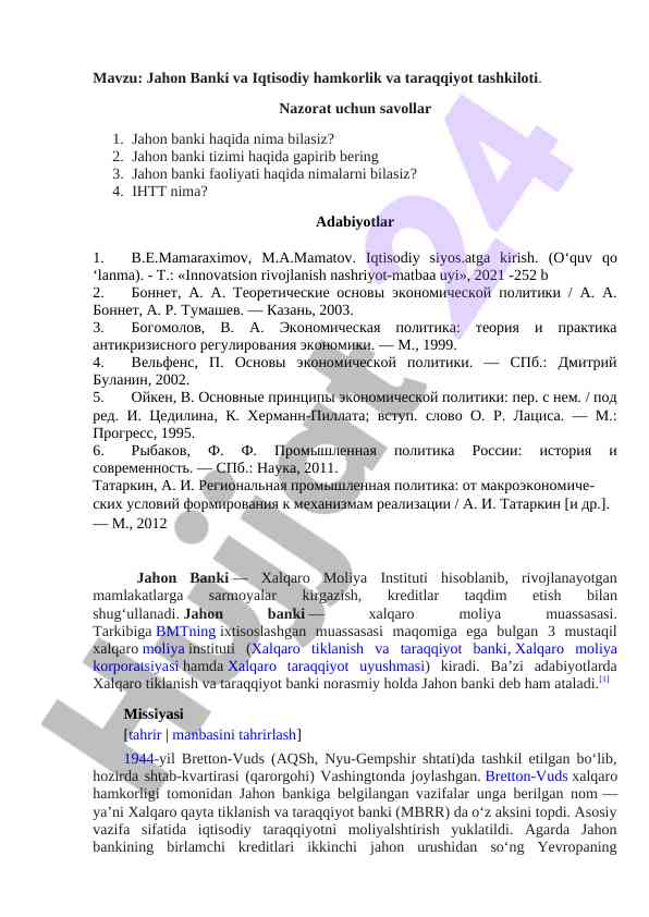 Jahon banki va iqtisodiy hamkorlik tashkiloti