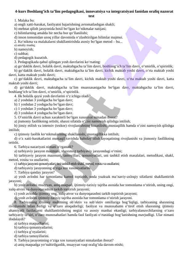 Boshlang’ich ta’lim pedagogikasi nazorat test