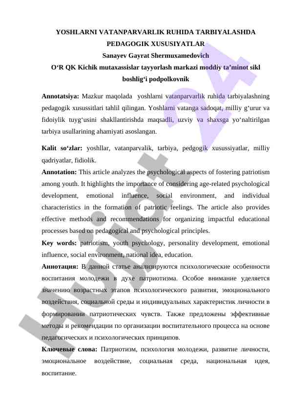 Yoshlarni vatanparvarlik ruhida tarbiyalash usullari
