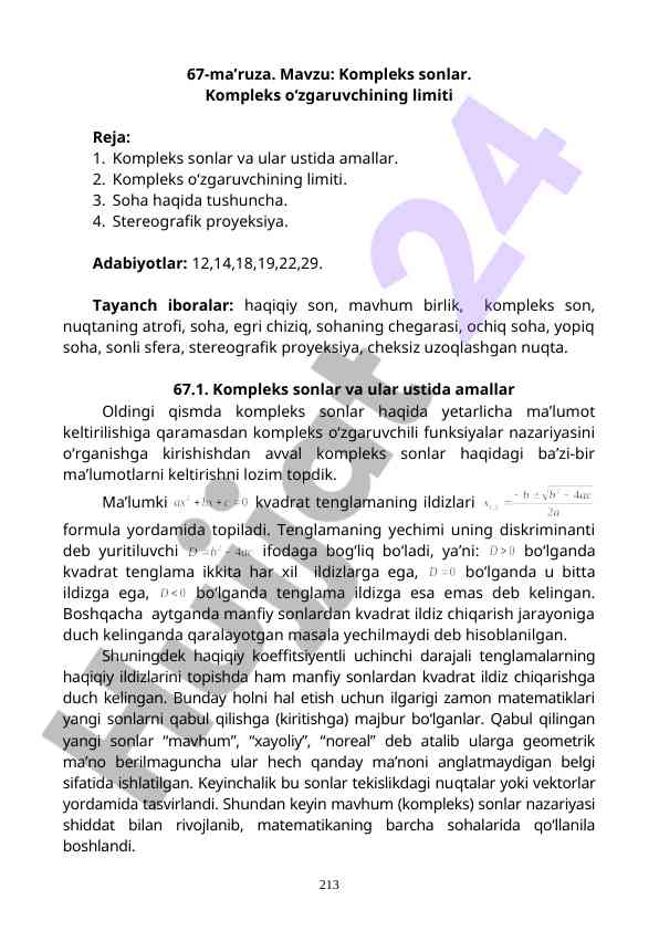 Kompleks sonlar va ular ustida amallar mavzusi