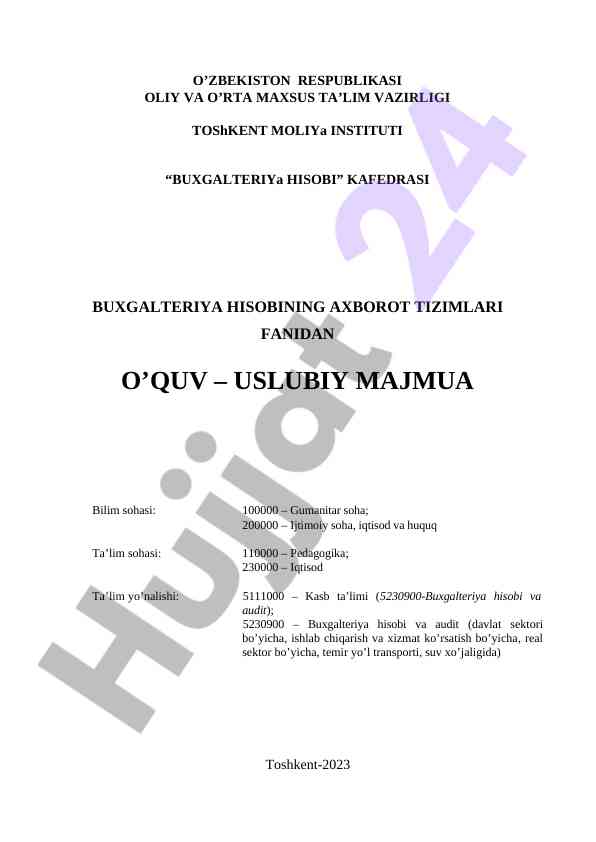 Buxgalteriya hisobi fanidan o'quv usuliy majmua
