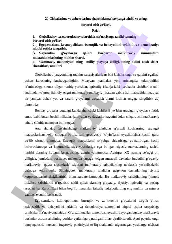 Globallashuv va axborotlashuv sharoitida ma’naviyat
