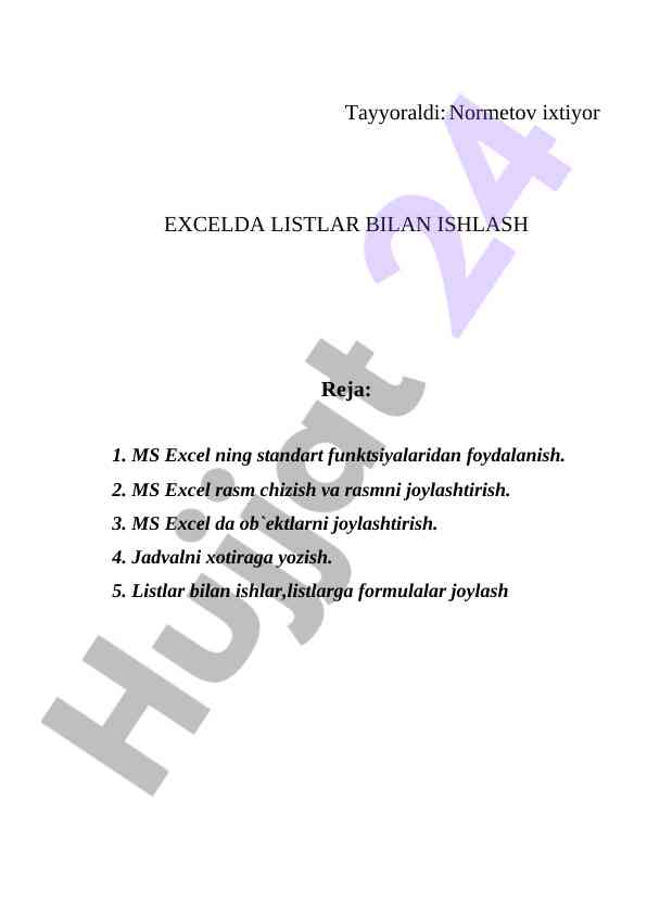 Excelda listlar bilan ishlash: asosiy funktsiyalar