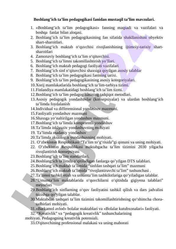 Boshlang‘ich ta’lim pedagogikasi mavzulari tahlili