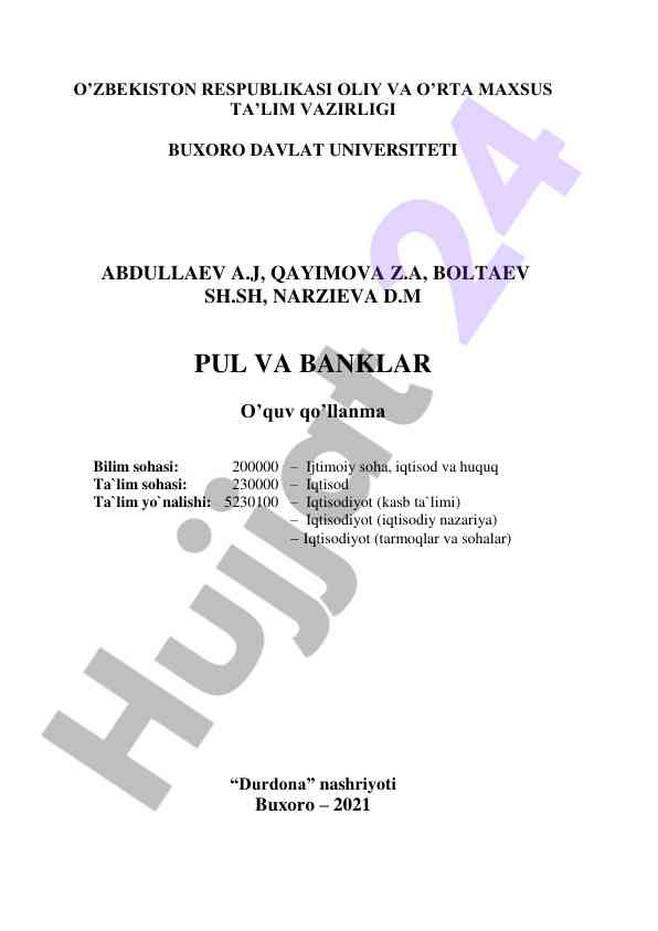 Pul va banklar o‘quv qo‘llanma 2021