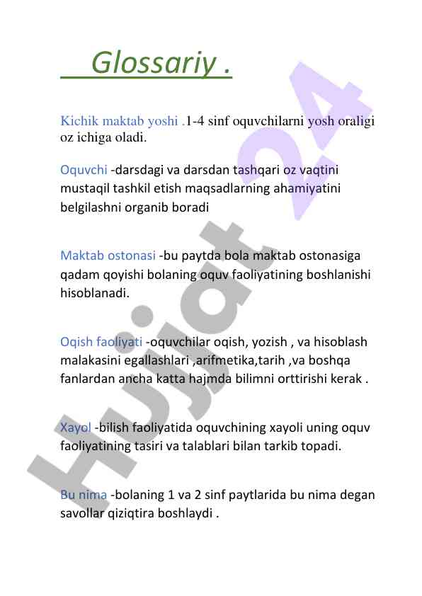 O‘quvchilar uchun kichik maktab yoshidagi glossariy