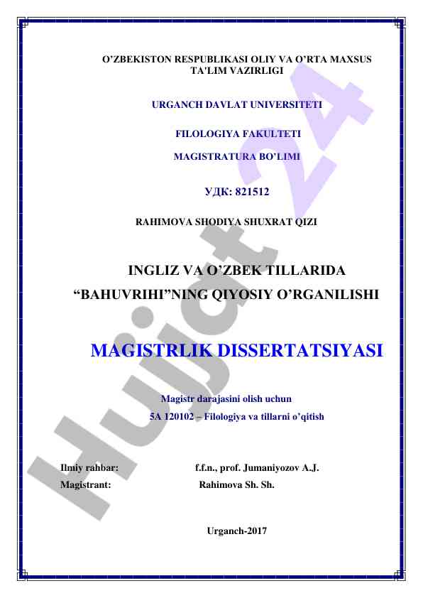 Bahuvrihi nigi qiyosiy o'rganilishi magistrlik dissertatsiyasi