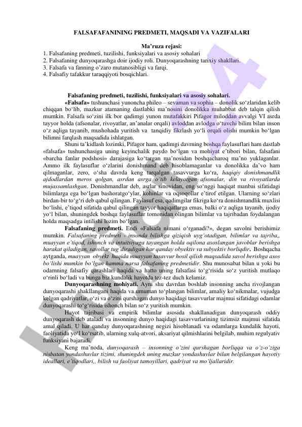 Falsafaning predmeti va vazifalari haqida ma’ruza
