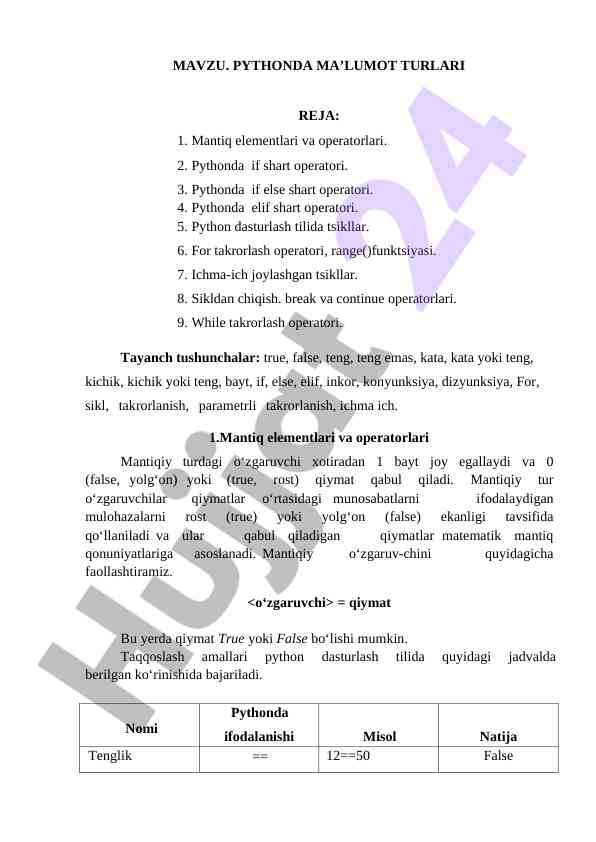Pythonda ma'lumot turlari va mantiqiy operatsiyalar