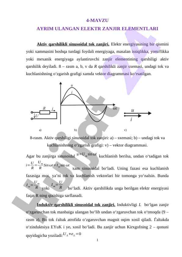 Aktiv qarshilikli sinusoidal tok zanjiri tahlili