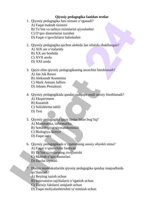 Qiyosiy pedagogika fanidan testlar