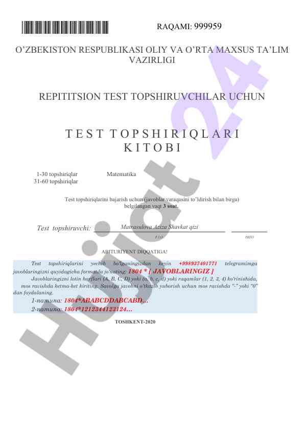 Matematika test topshiriqlari 1-60 uchun qo'llanma