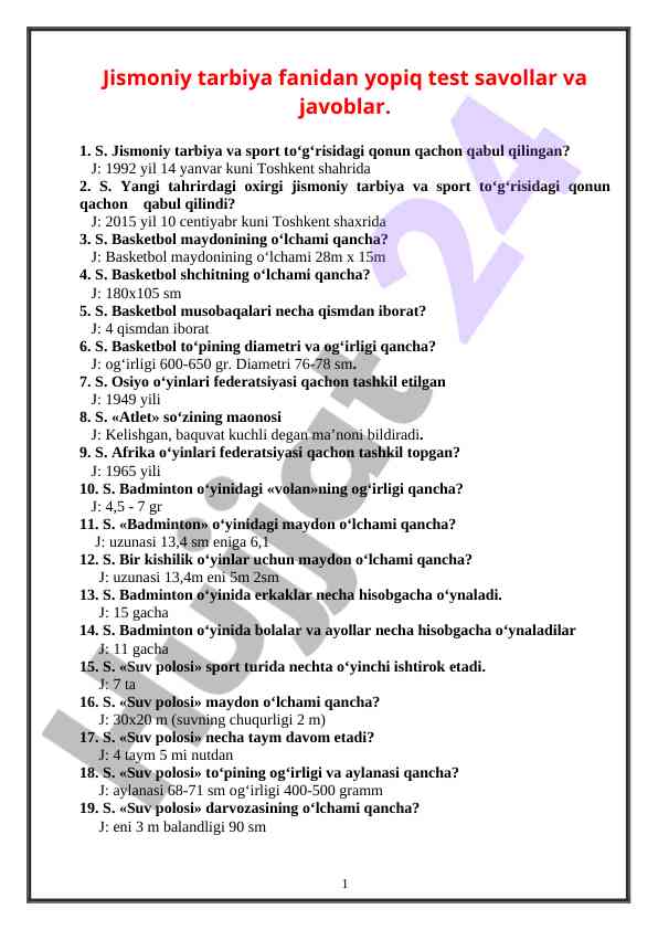 Jismoniy Tarbiya Fanidan Test Savollari