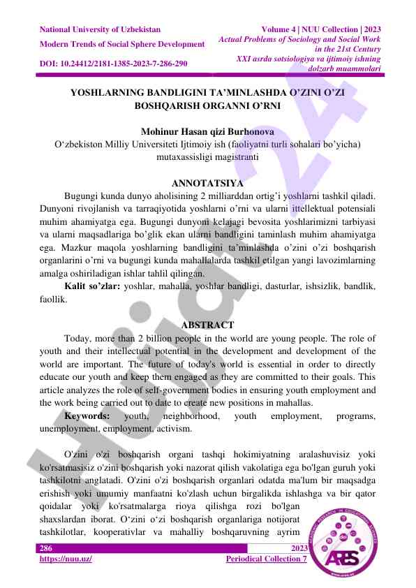 Yoshlarning bandligini ta’minlashda o’zini o’zi boshqarish