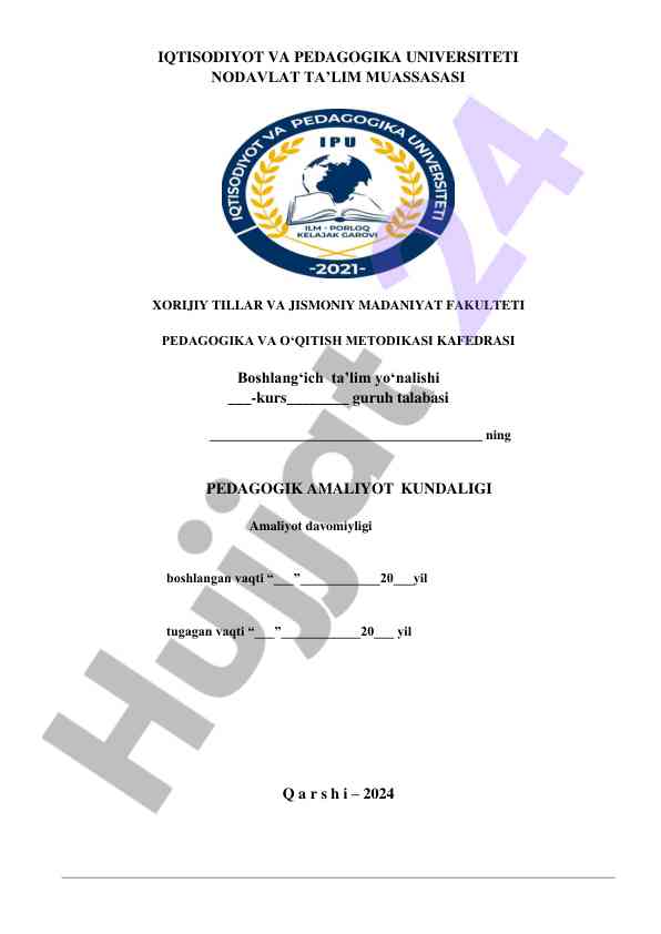 Pedagogik amaliyot kundaligi mavzusi bo'yicha hisob