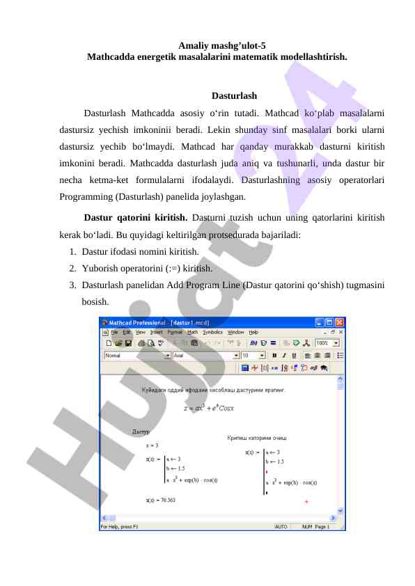 Mathcad dasturlashda energetik masalalar modellashtirish
