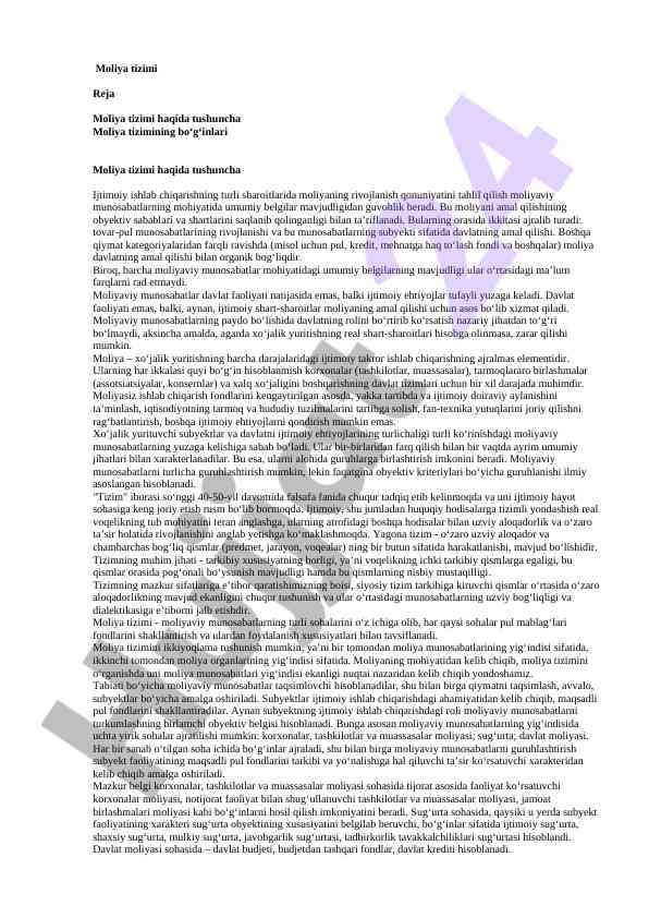 Moliya tizimi haqida tushuncha va tahlil