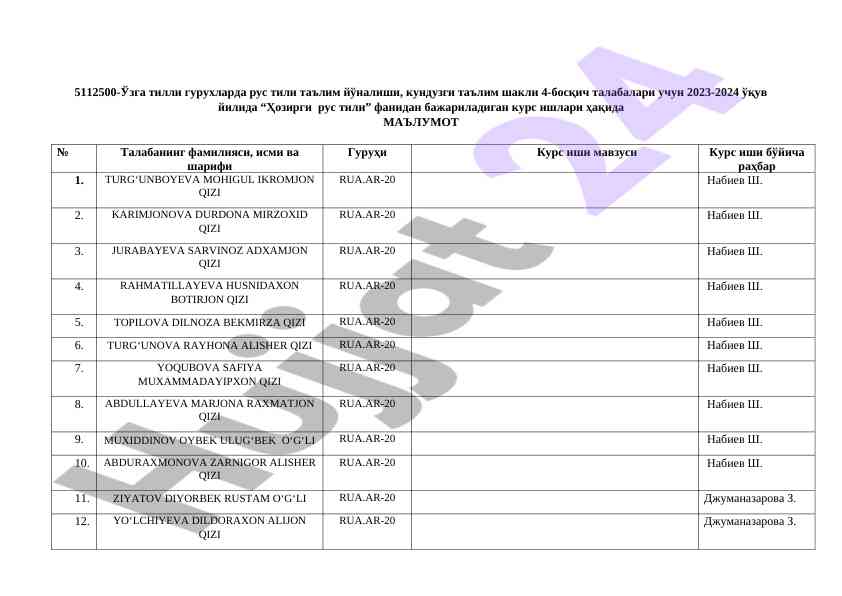 2023-2024 o‘quv yilida kurs ishlari to‘g‘risida ma'lumot