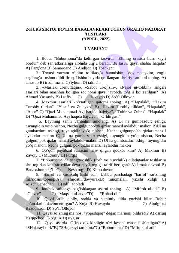 2-kurs sirtqi bo’lim bakalavrlari uchun nazorat testlari