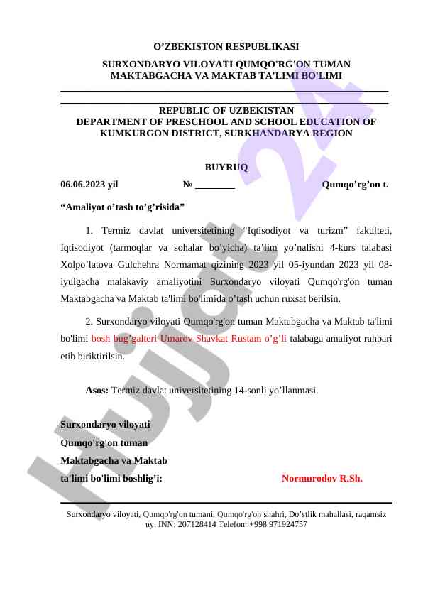 Amaliyot o’tash to’g’risida ruxsatnoma