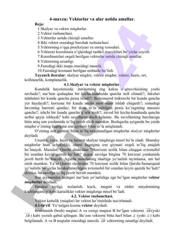 Vektorlar va ular ustida amal g‘oyalar