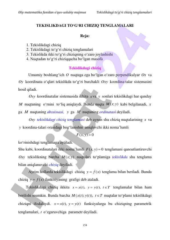 Tekislikdagi to‘g‘ri chiziq tenglamalari o‘quv qo‘llanma