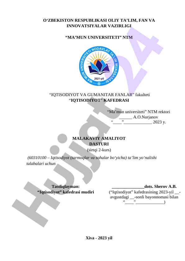 Malakaviy amaliyot dasturi 2023 talabalar uchun