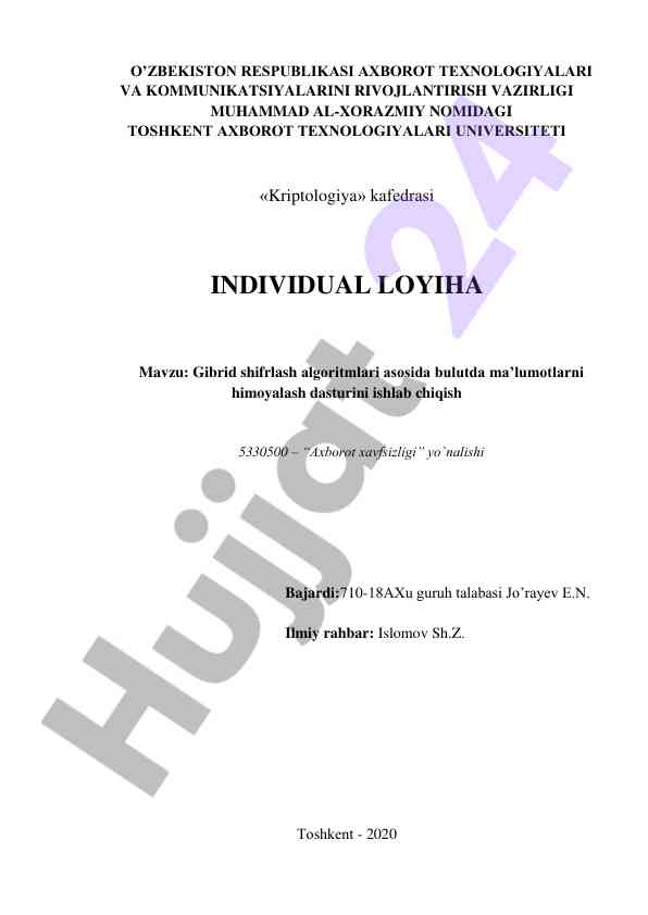 Gibrid shifrlash algoritmlari asosida bulutda himoyalash