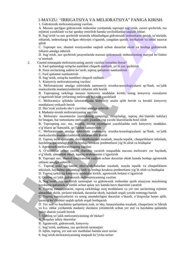 Irrigatsiya va melioratsiya faniga kirish
