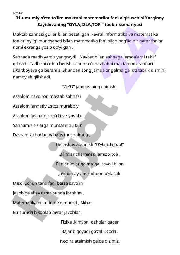 Matematika fani bo'yicha tadbir ssenariyasi