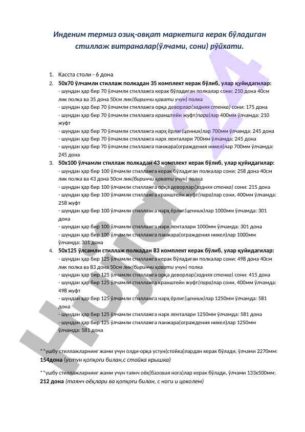 Oziq-ovqat marketiga stillaj vitrinalari ro'yxati