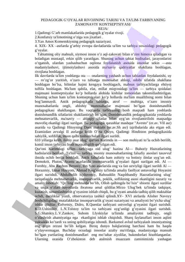 Pedagogik g'oyalar rivojining tarixi va zamonaviy konseptsiya