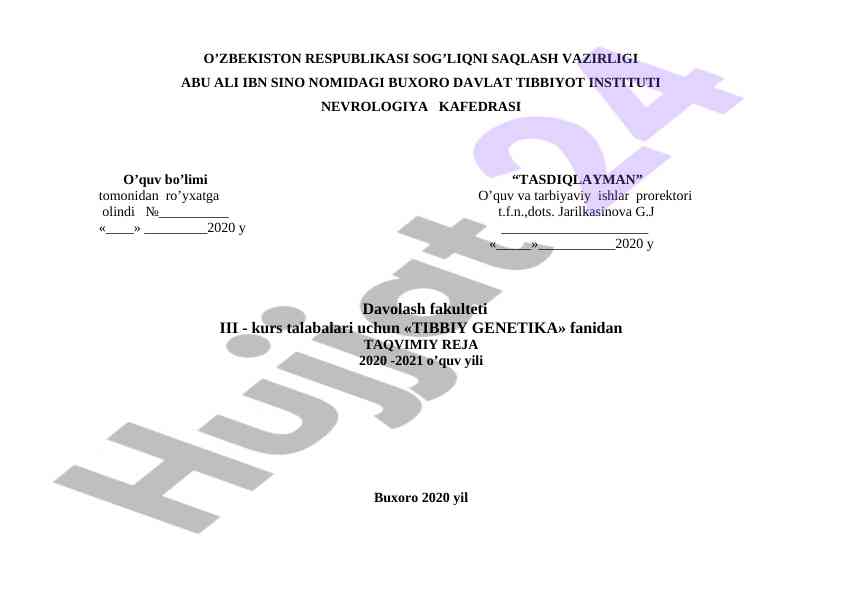 Tibbiy genetika fanidan ta'lim rejasi 2020-2021 yil