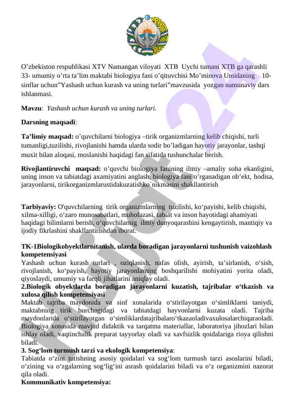 Yashash uchun kurash va uning turlari dars ishlanmasi