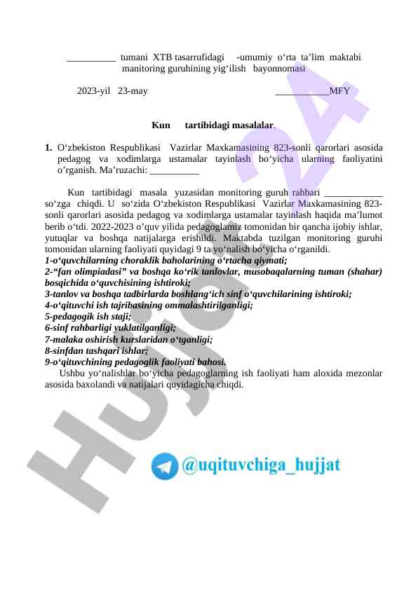 Maktab monitoring guruhining yig‘ilish bayonnomasi