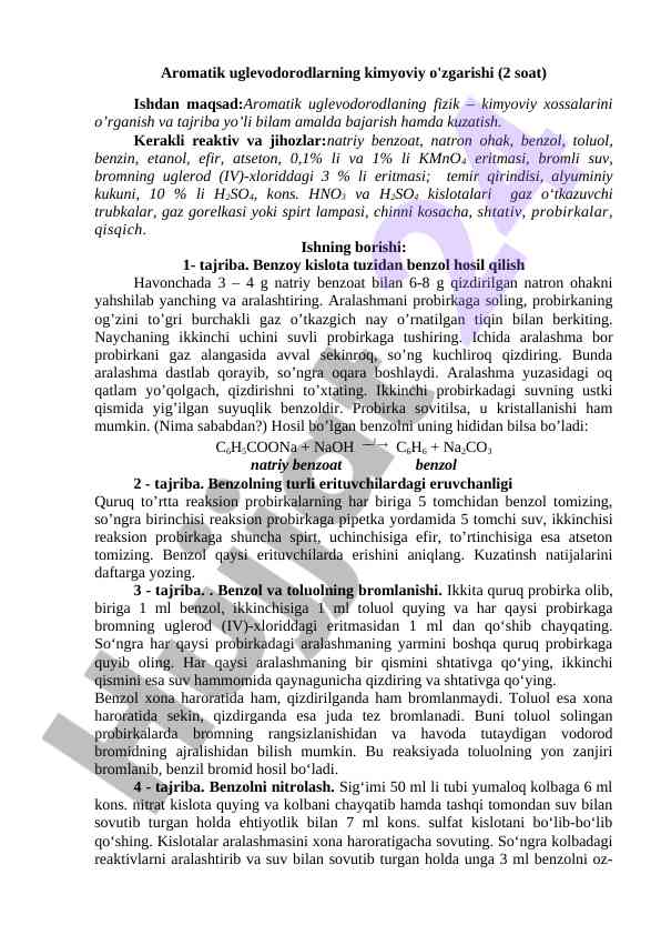 Aromatik uglevodorodlarning kimyoviy o'zgarishi